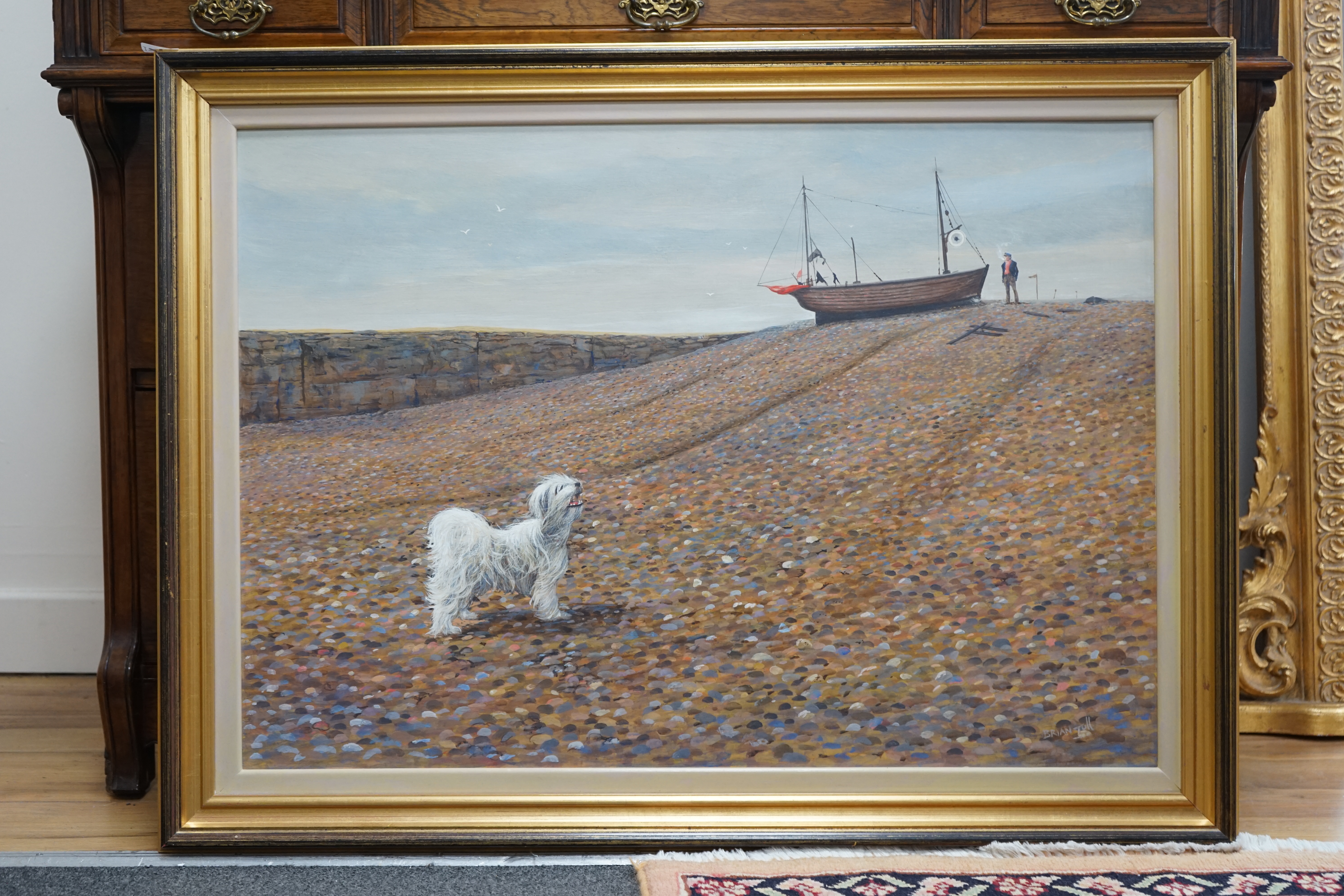 Brian Toll, acrylic on board, Coastal view with terrier before a sailing boat, signed, 53 x 76cm. Condition - good